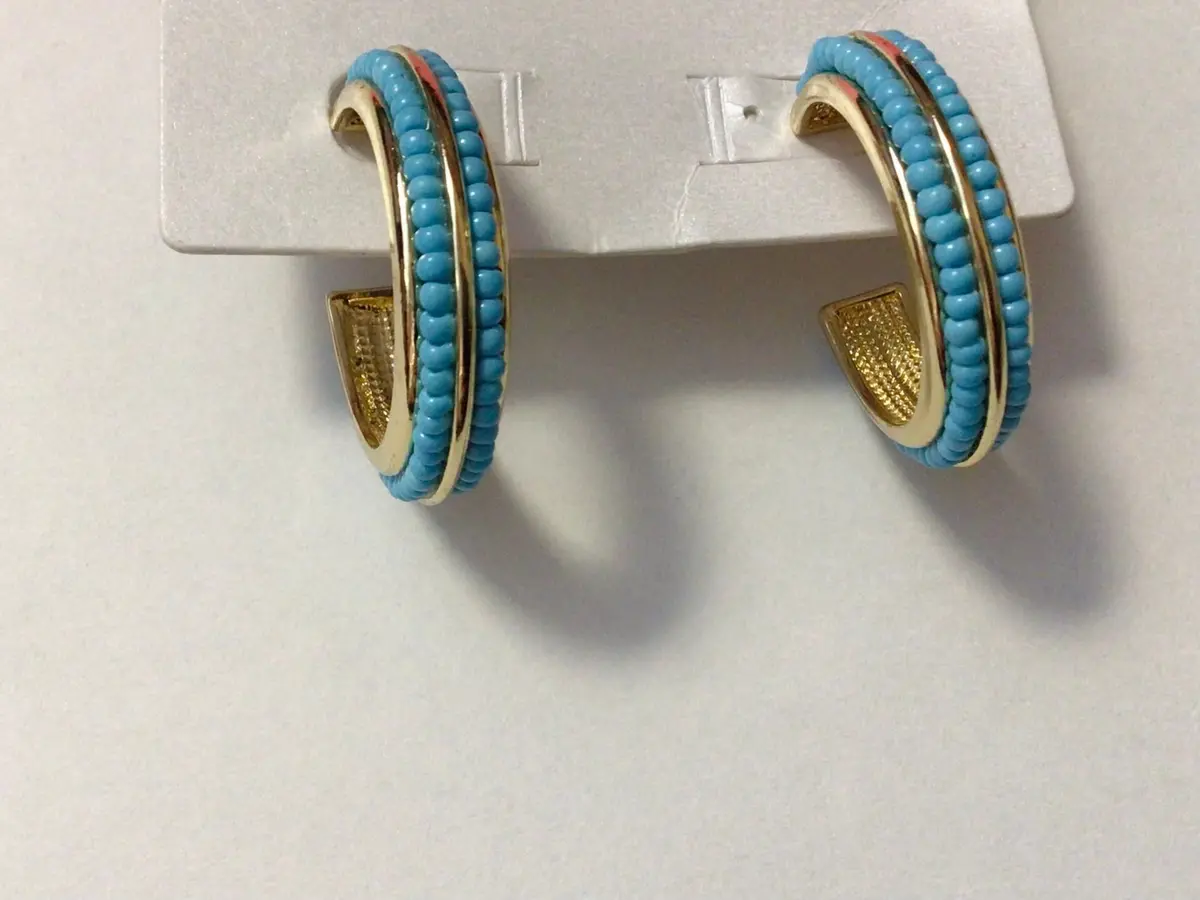 Bead Hoop Earrings - Blue/Gold 1