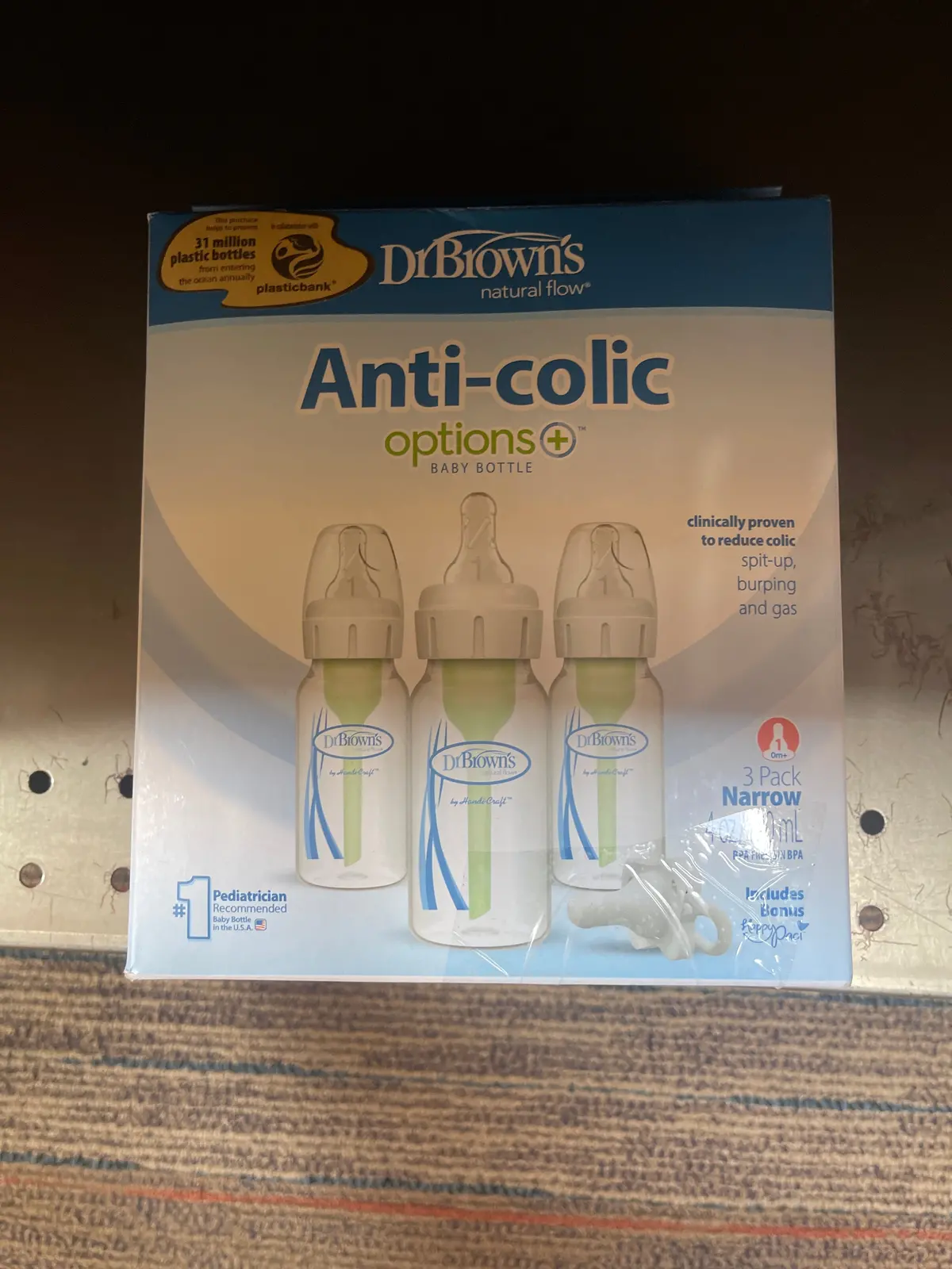 Dr. Brown's 4Oz Anti-Colic Options+ Narrow Baby Bottle With Level 1 Slow Flow Nipple & Happypaci Pacifier - 0M+ 1