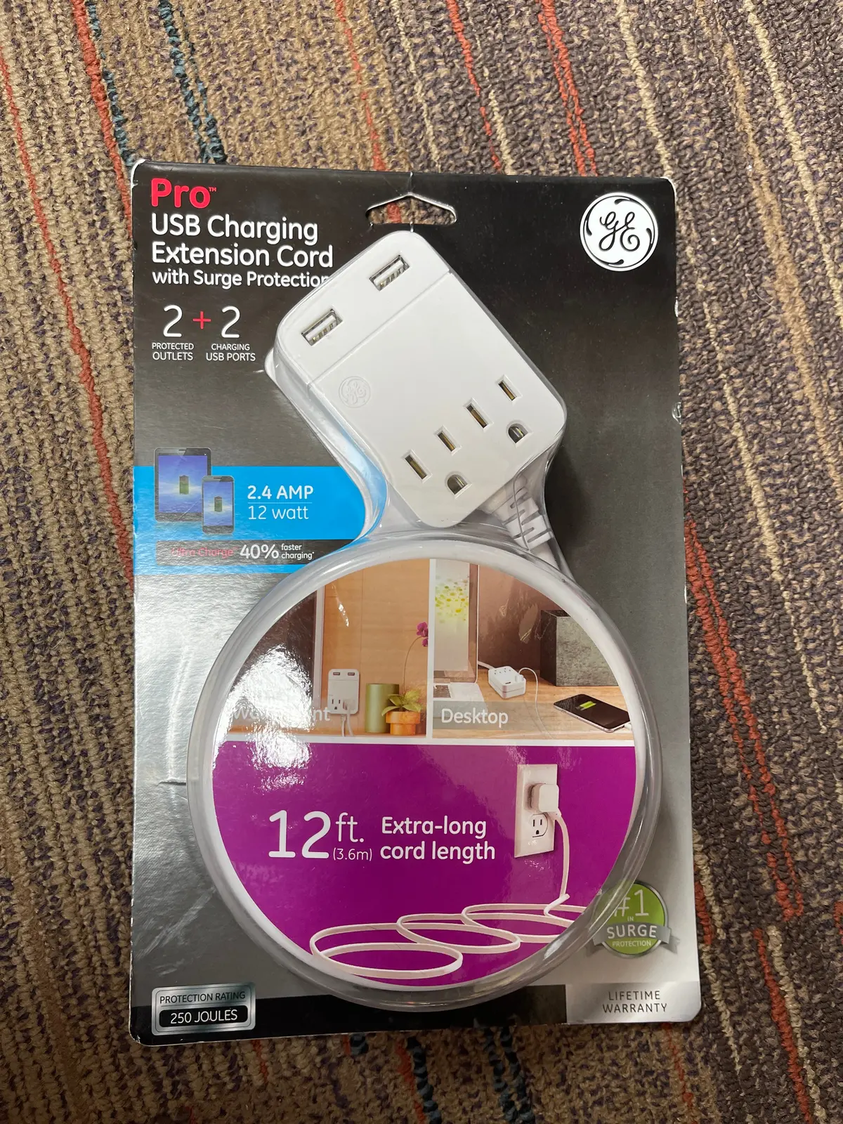 Ge Pro 2-Outlet 2-Usb 12Ft. Extension Cord, Surge Protector 1