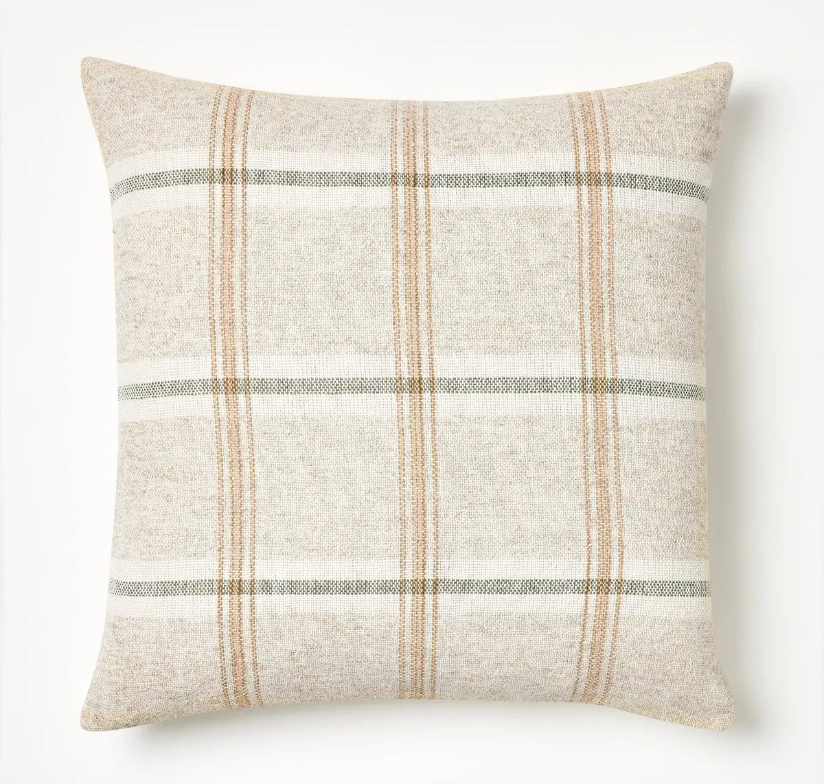 Raised Striped Woven Plaid Throw Pillow Cream/Dark Tan/ Sage 1