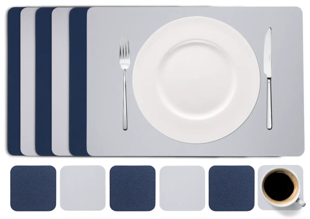 Cookinglife 6 Placemats + 6 Onderzetters - Dubbelzijdig - Vegan Leer - Blauw / Grijs 1