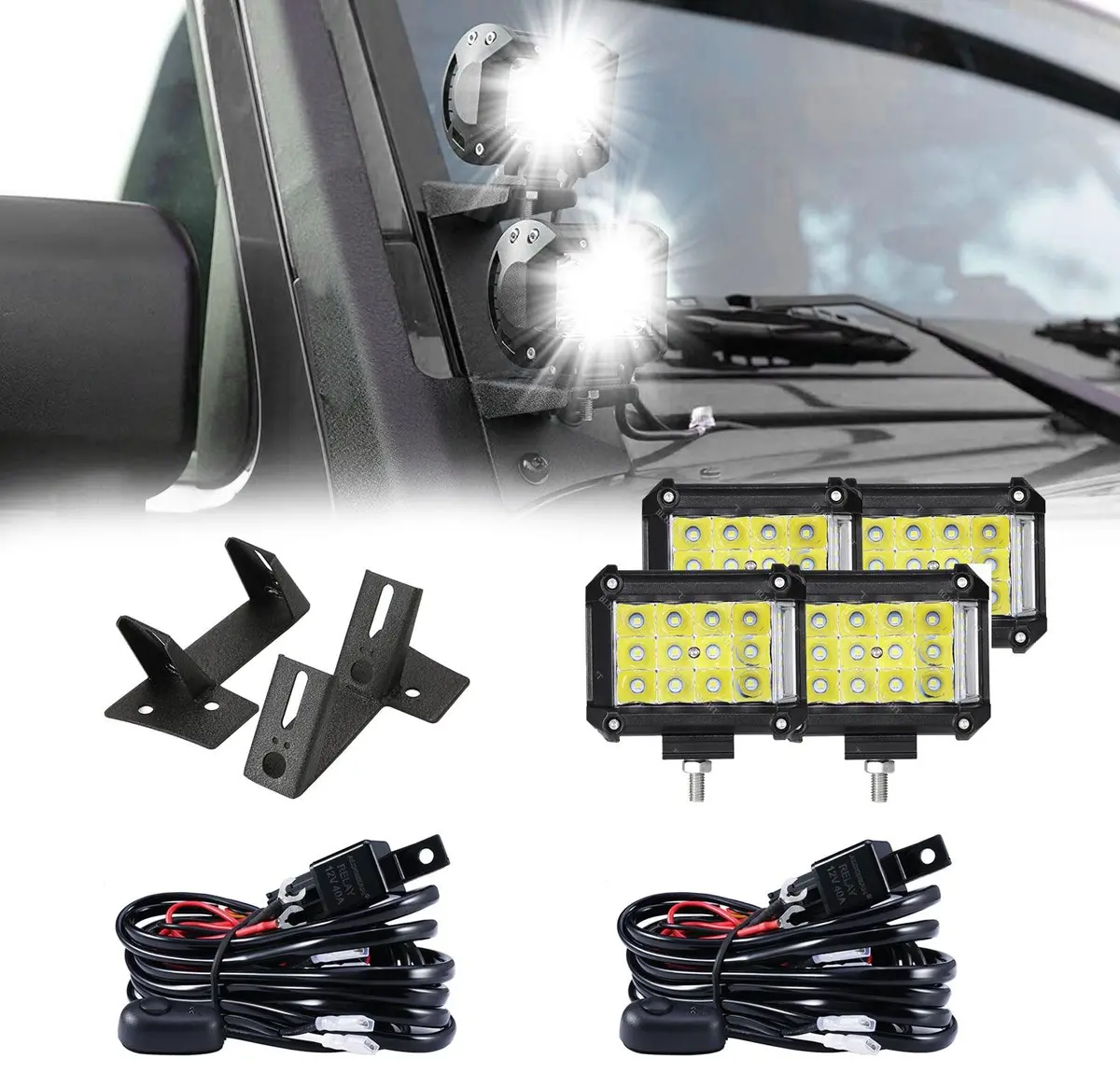 4Pcs 4" Led Pods Combo Beam & Dual A-Pillar Light Lower Windshield Hinge Mounting Brackets For Jeep Wrangler Jk 2Dr/4Dr 2007~2017 1