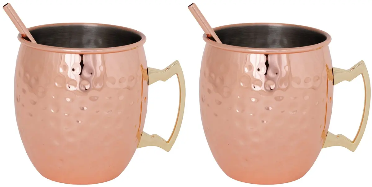 Cosy & Trendy Moscow Mule Cocktailbekers Met Rietjes - Gehamerd Koper - 450 Ml - 2 Stuks 1
