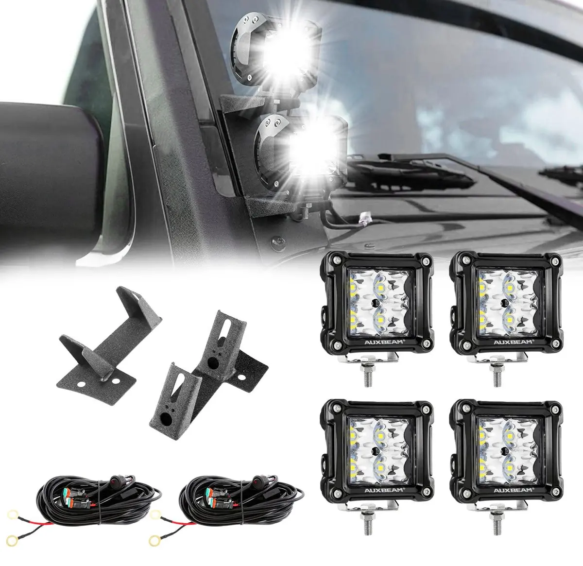 4Pcs 3" Spot Pods & Dual A-Pillar Light Lower Windshield Hinge Mounting Brackets For Jeep Wrangler Jk 2Dr/4Dr 2007~2017 1
