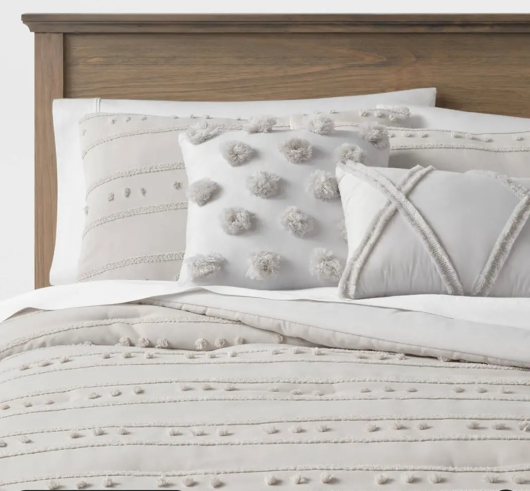 5Pc Full/Queen Clipped Stripe Poms Comforter Bedding Set
Gray 1