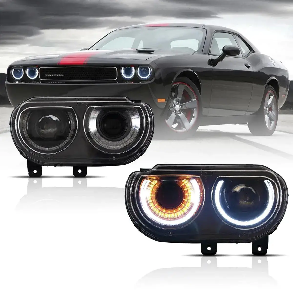 Led Headlight Assembly Dual Beam Projector Black For 2008-2014 Dodge Challenger 3Th Gen Pre-Facelift 1