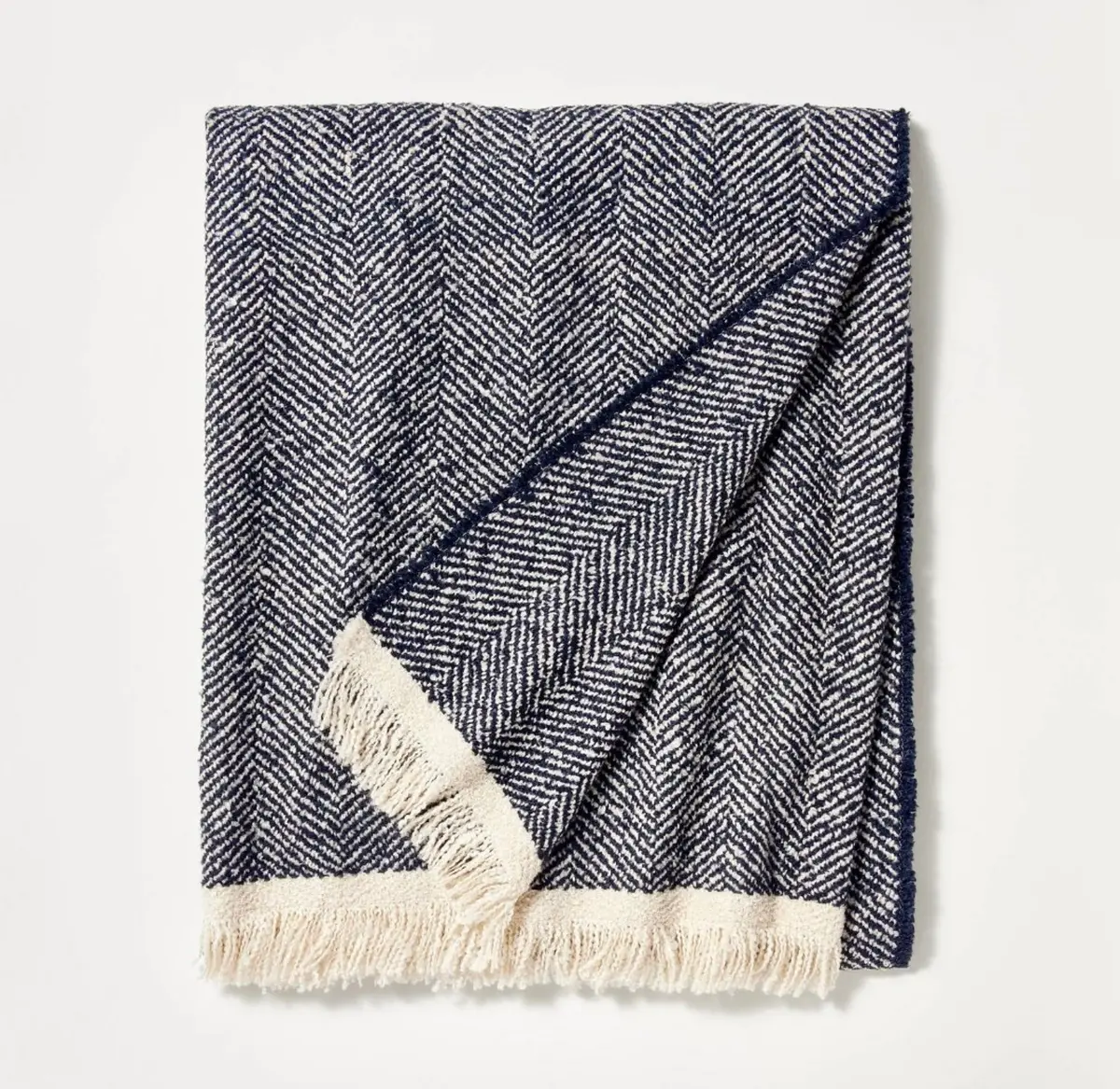 Herringbone Frayed Edges Throw Blanket Navy Blue 1