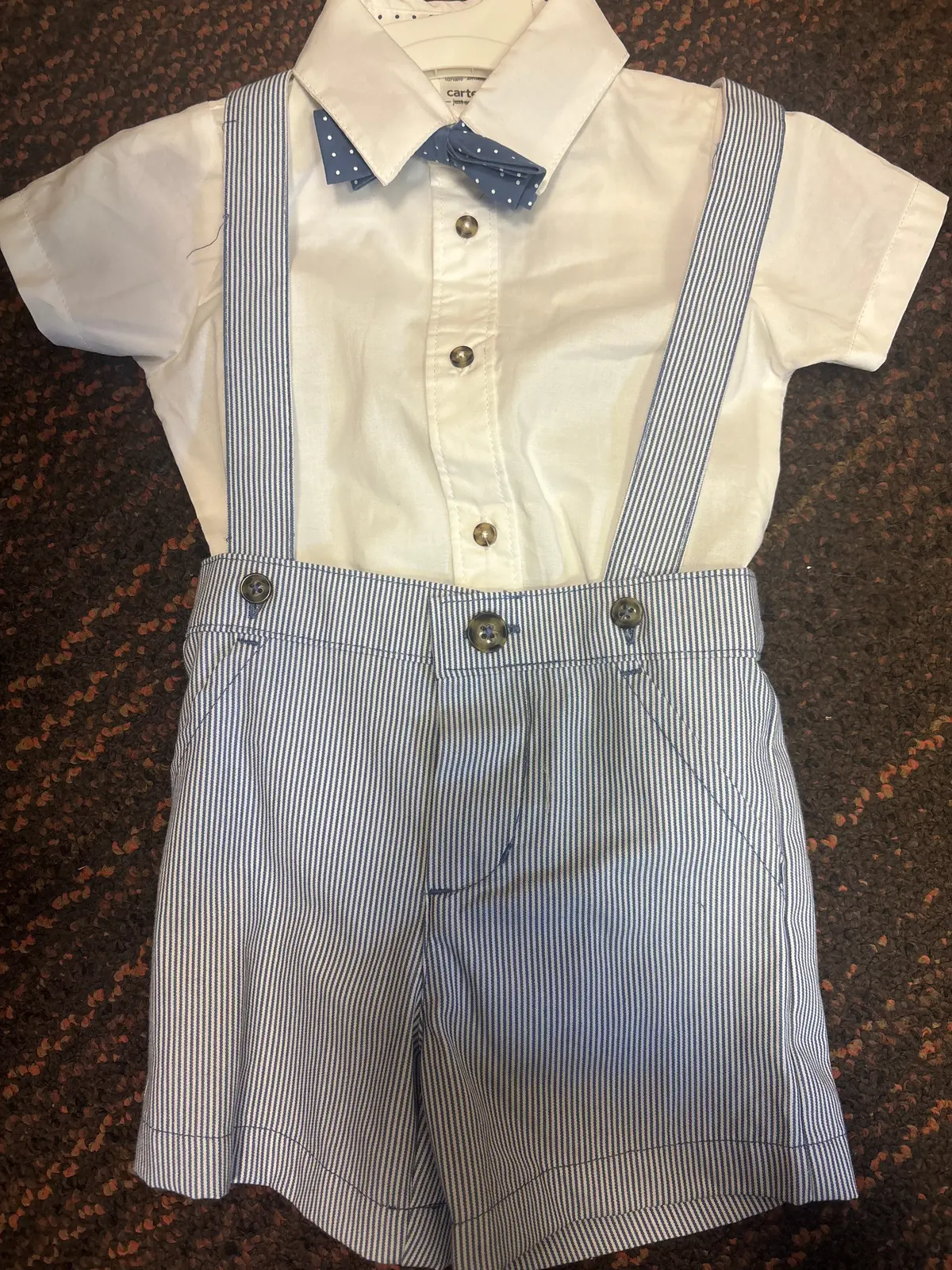 Kids Onesie And Short Overalls Set - White/Blue Pinstripe - 9M 1