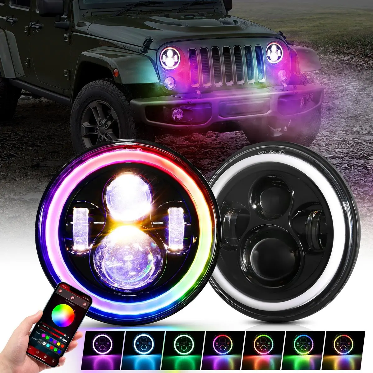 Upgraded 7 Inch Round Led Headlight With Rgb Halo Ring For Jeep Wrangler Jk Tj Lj 1