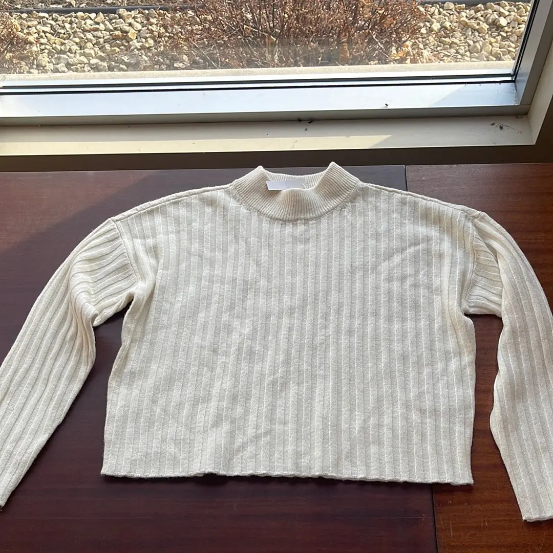 Madewell Ribbed Cropped Off White Sweater, Size Large 1