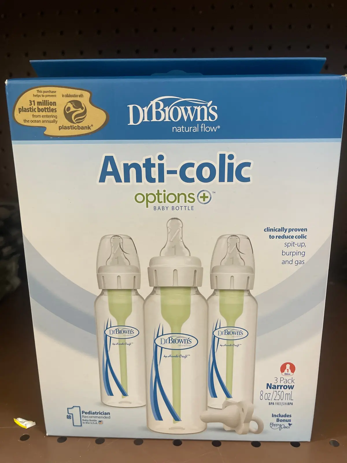 Dr. Brown's 8Oz Anti-Colic Options+ Narrow Baby Bottle With Level 1 Slow Flow Nipple & Happypaci Pacifier - 0M+ 1