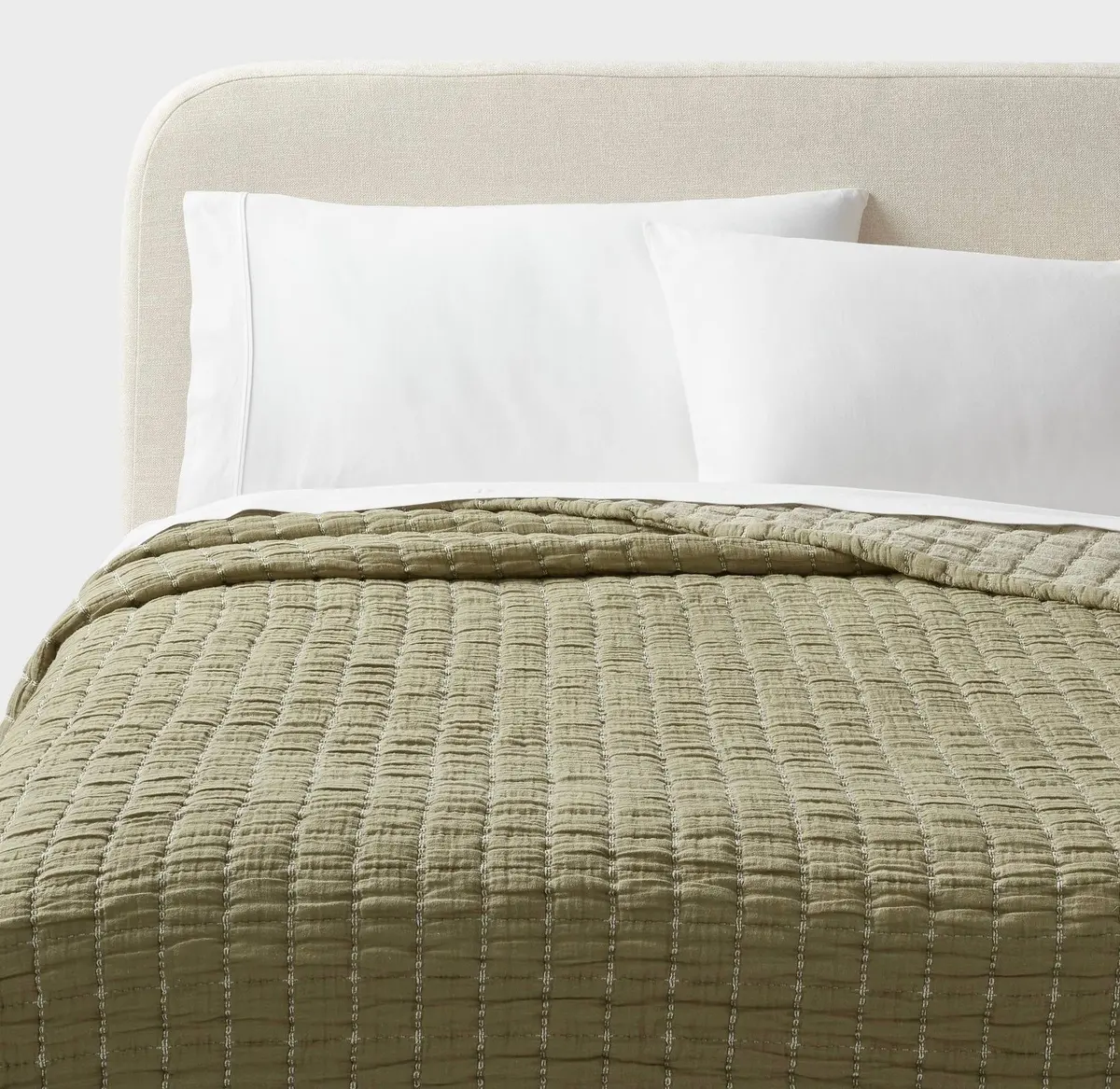 King Yarn Dye Crinkle Grid Quilt - Moss Green 1