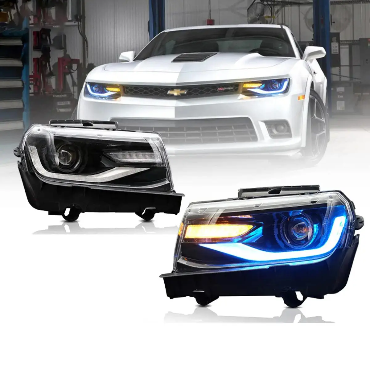Led Headlight Assembly Rgb Dual Beam Projector Black For 2014-2015 Chevrolet Camaro 1