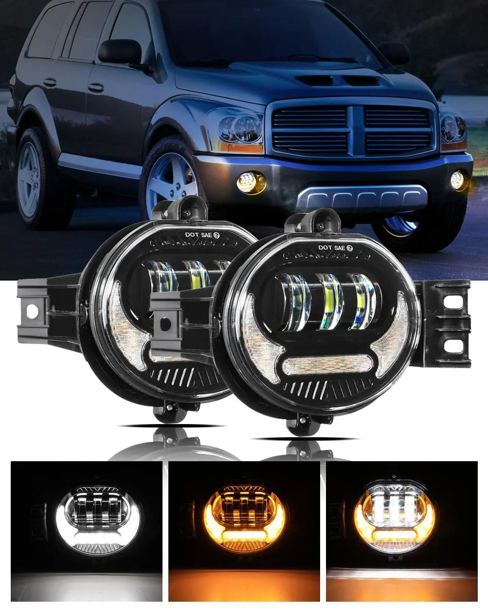 (2Pcs/Set) Led Fog Light Assembly W/ Drl+ Turn Signal Light For Dodge Ram 1500 2002-2008, Dodge Ram 2500/3500 2003-2009(Black) 1