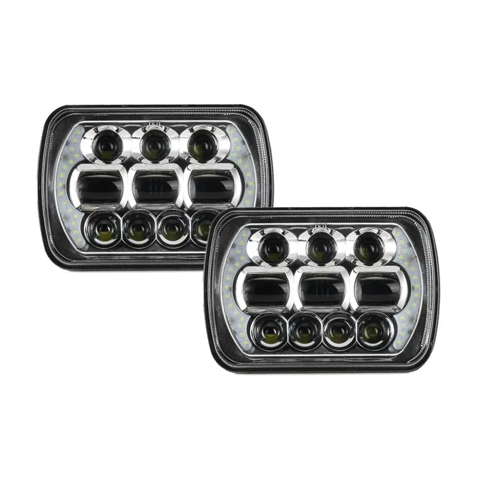 (2Pcs/Set) 65W 7X6 Led Hi-Lo Beam Headlights With Drl For Toyota Pickup Truck (Black/Chrome) 1