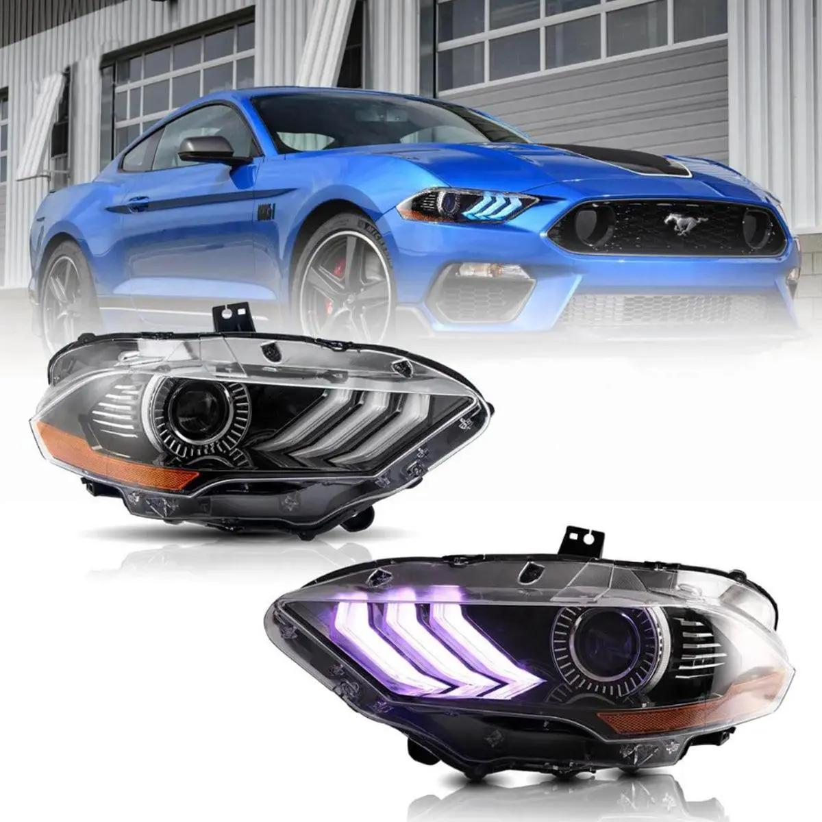 Led Headlight Assembly Rgb Dual Beam Projector For 2018-Up Ford Mustang 6Th Gen Black 1