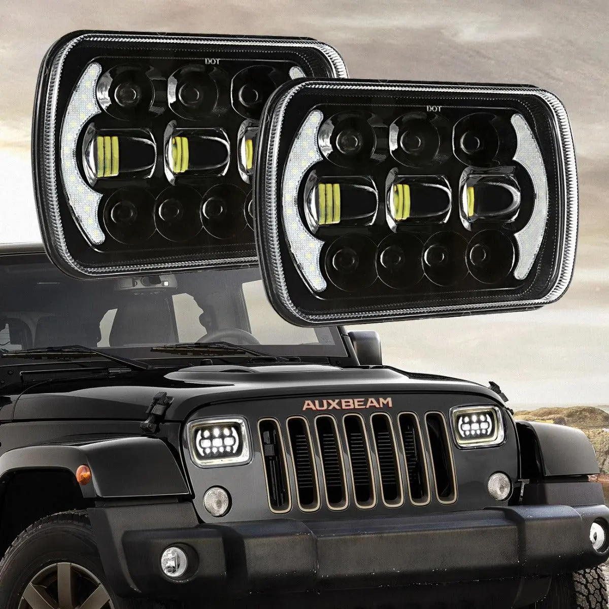 (2Pcs/Set) 130W 7X6 Led Headlight With Drl For Jeep Wrangler Yj Xj Mj/ Ford/ Savana/  Trucks (Black/Chrome) 2