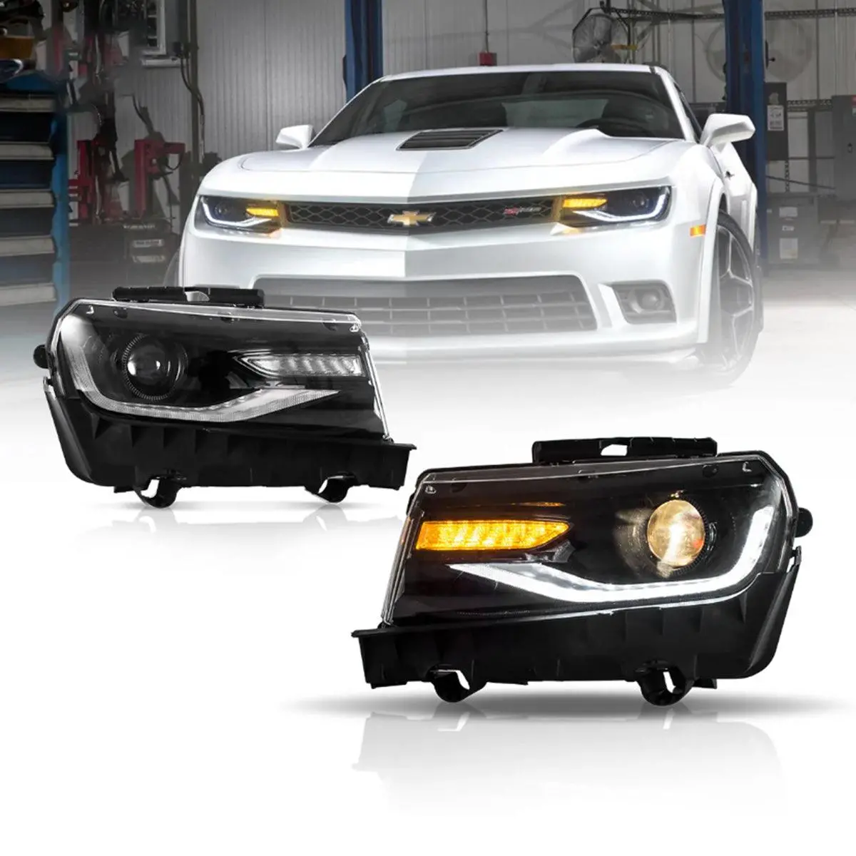 Led Headlight Assembly Dual Beam Projector Black For 2014-2015 Chevrolet Camaro 1