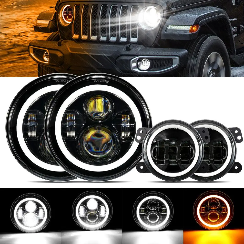 7'' Led Halo Headlights & 4'' 30W Led Fog Lights With White Drl With Amber Turn Signal For Jeep Wrangler2007-2018 Jk 1
