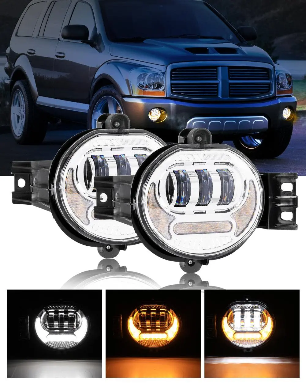 (2Pcs/Set) Led Fog Light Assembly W/ Drl+ Turn Signal Light For Dodge Ram 1500 2002-2008, Dodge Ram 2500/3500 2003-2009(Chrome) 1