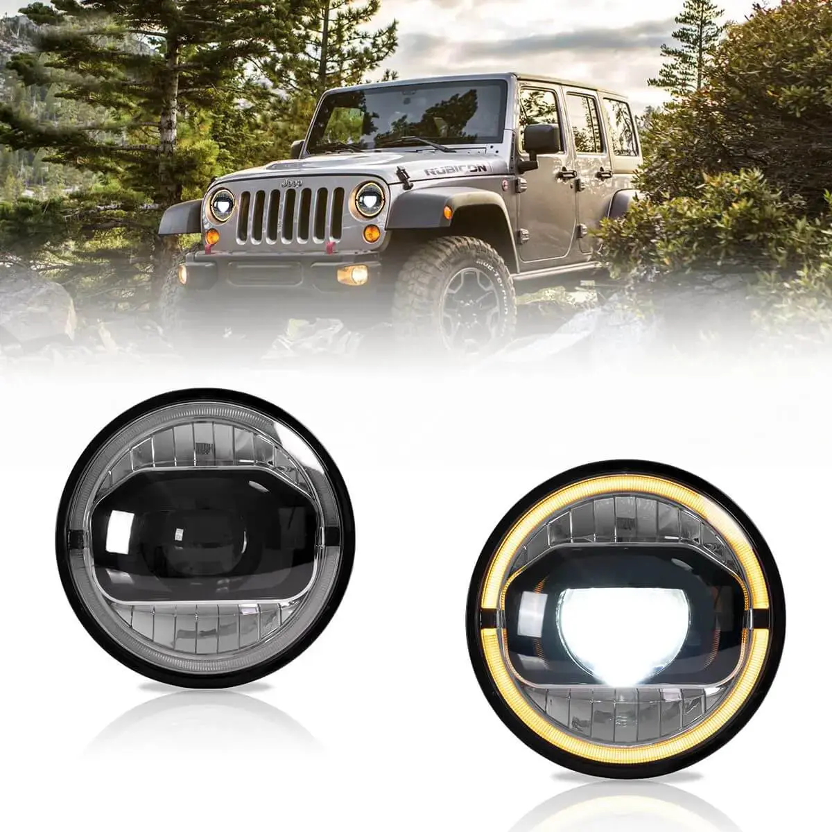Led Headlight Assembly With Amber Turn Signal For 2007-2017 Jeep Wrangler Jk 7 Inches Led Dual Beam Projector 1