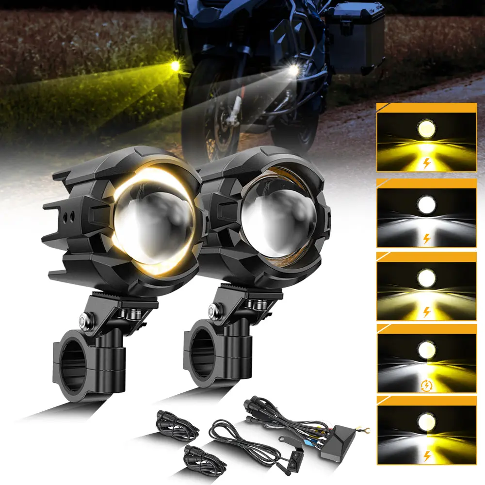 🆕3 Inch Motorcycle Led Spotlight Bi-Led Projector Lens Headlight 120W Dual Color Switchback Led Work Light 3+5 Light Modes For Motorcycle Suv Atv Trucks | 2Pcs/Set 1