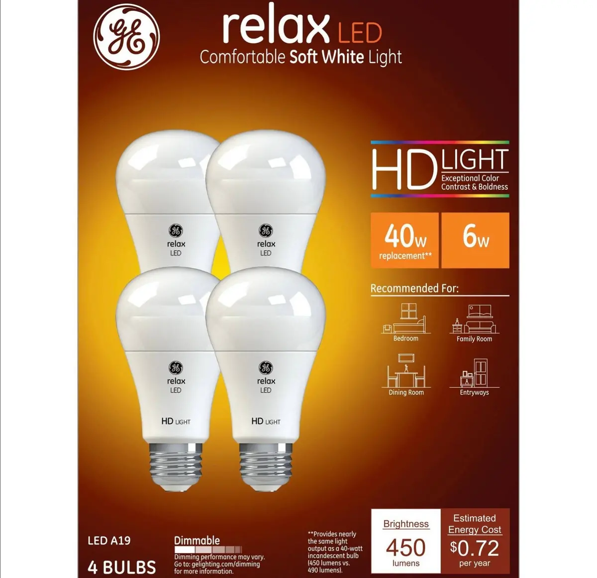 Ge 4Pk 5.5W 40W Equivalent Relax Led Hd Light Bulbs
Soft White 1