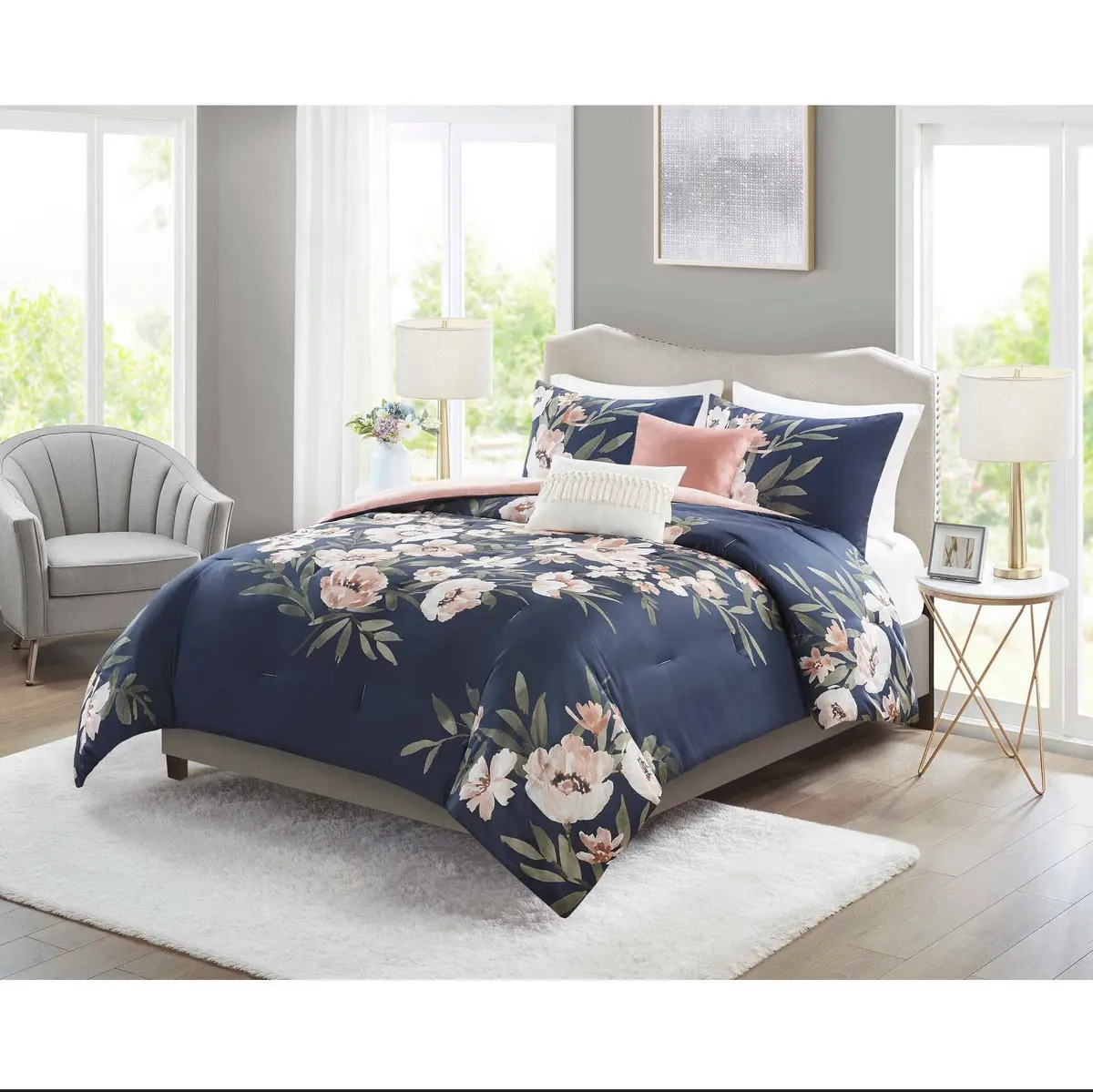 5Pc Full/Queen Leilani Floral Print Comforter Bedding Set - Navy/Blush 1