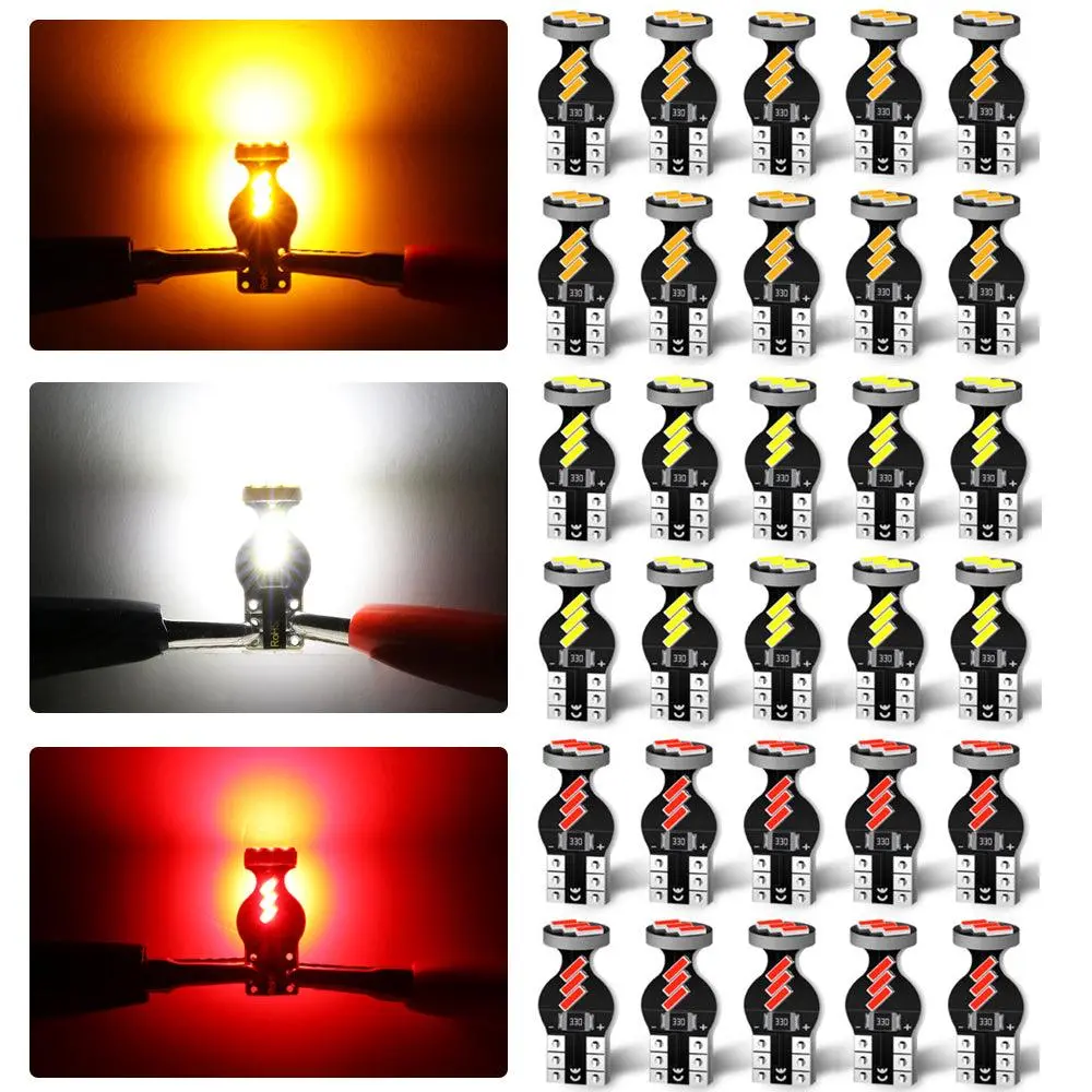 168 2825 W5w T10 Led Interior Light Bulbs 1.5W 300% High Brightness White Red Amber Blue | 30 Bulbs 1