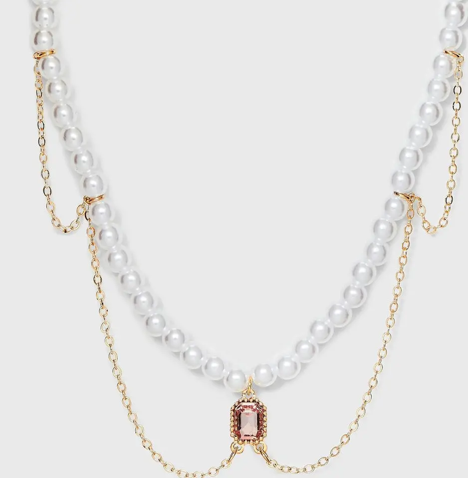 Pearl Choker With Chain Stone Pendant Necklace 1