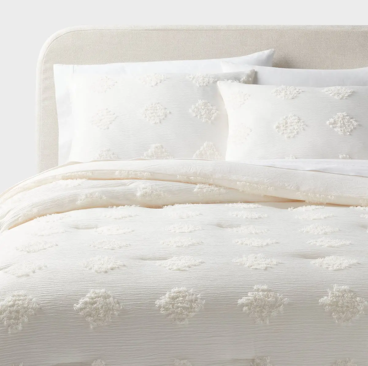Full/Queen Tufted Diamond Crinkle Comforter And Sham Set - Ivory 1