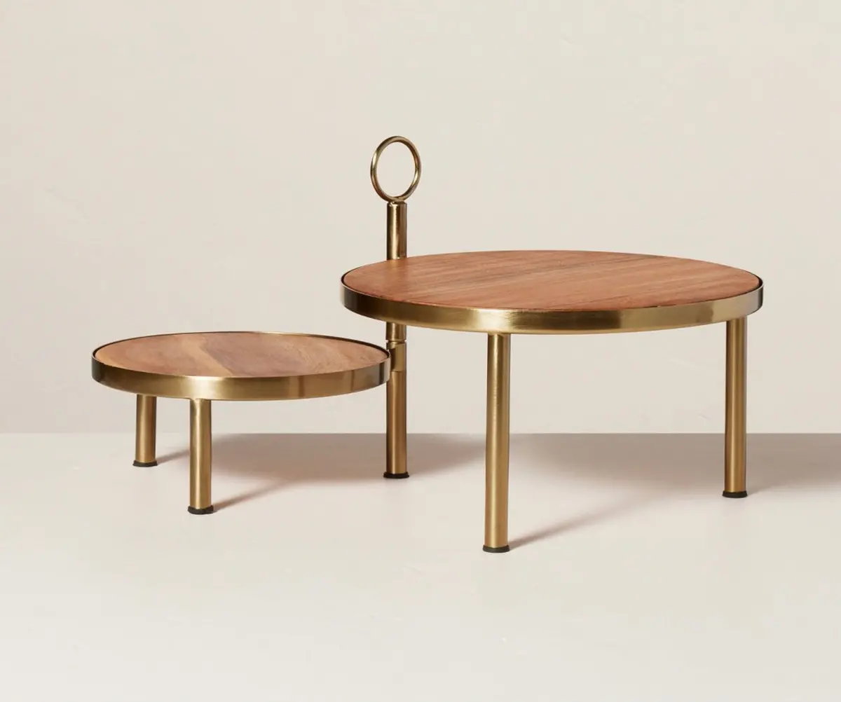 Wood & Metal Nested Round Serving Stand - Brass/Brown 1
