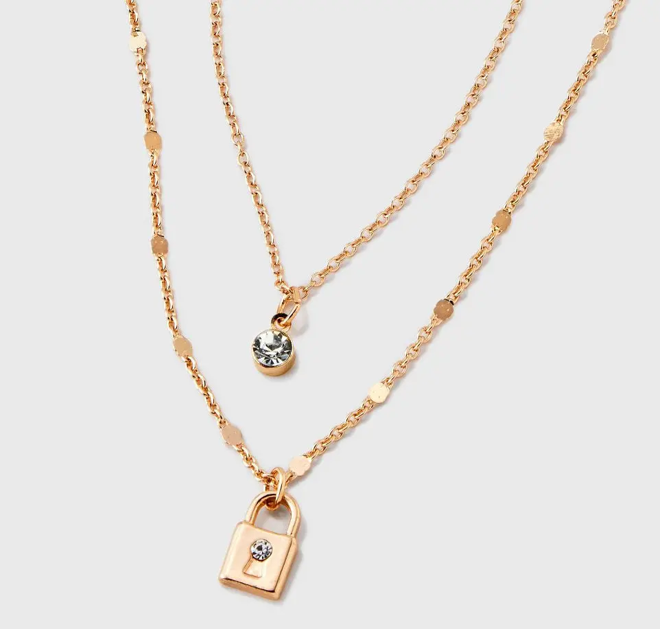 Stone Lock 2 Row Necklace - Gold 1