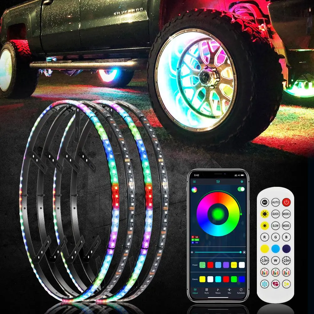 (4Pcs/Set) 15.5" Rgb Led Wheel Ring Lights Magic Dream Color Neon Rim Light With App & Rf Remote Control 1