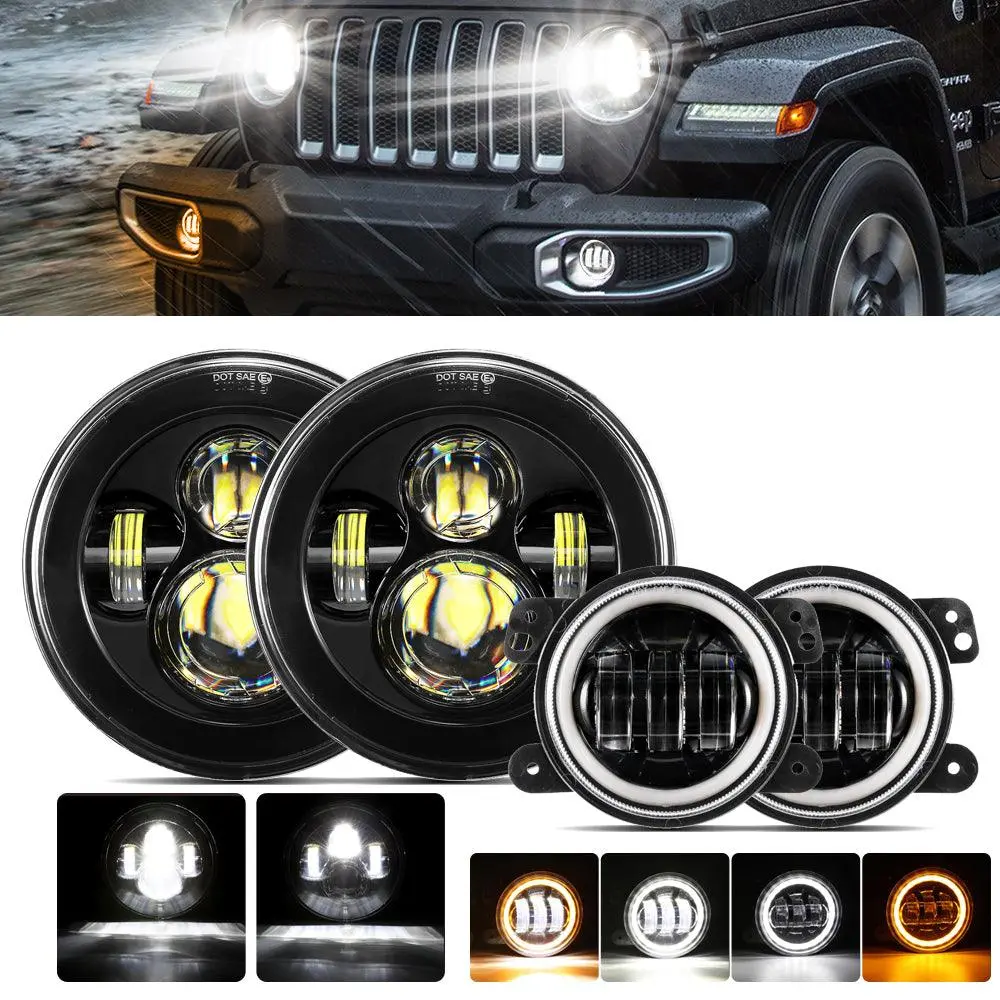 7'' Led Headlight Replacement And 4'' 30W Led Fog Lights With White Drl+Amber Turn Signal For Jeep Wrangler2007-2018 Jk 1