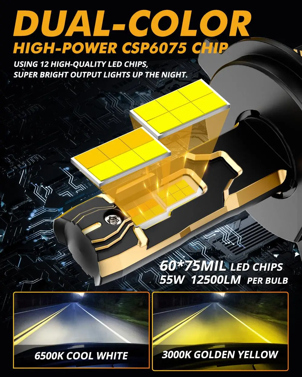 H4 Led Headlight Bulbs 110W 25000Lm Gx Bi-Color Series High Power & Brightness Dual Color Switchback | 2 Bulbs 2