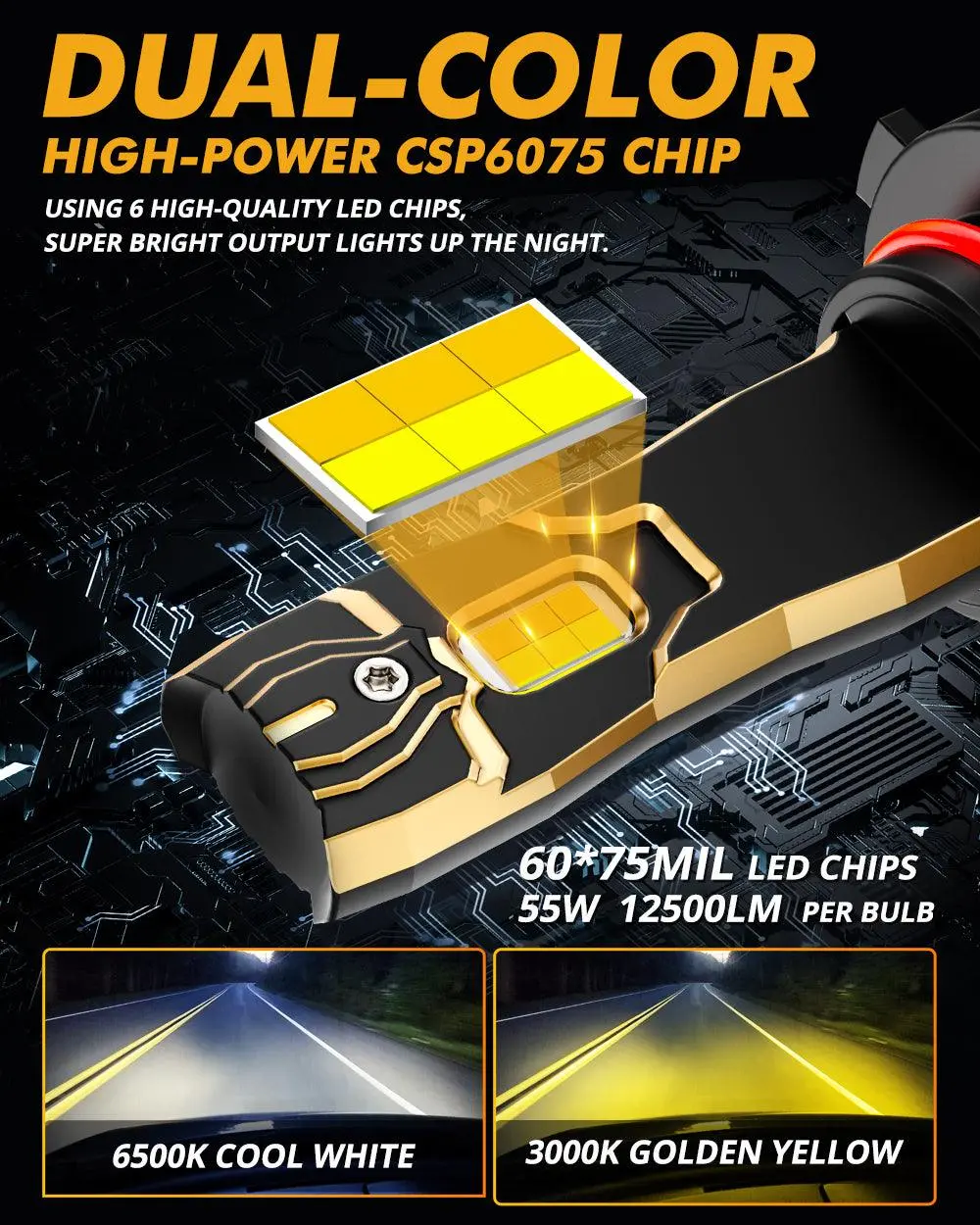 9012/Hir2 Led Headlight Bulbs 110W 25000Lm Gx Bi-Color Series High Power & Brightness Dual Color Switchback | 2 Bulbs 2
