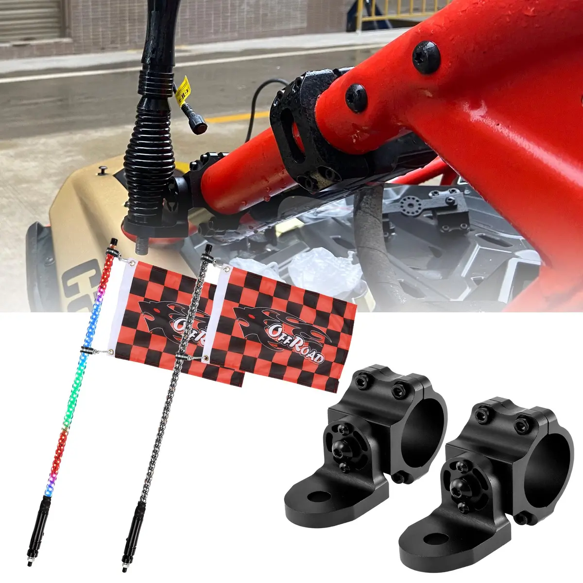 3Ft/4Ft Led Rgb Whip Lights With Bluetooth/ Remote Controlled & Black Universal Flagpole Light Mount  For All Utvs With 1.75" To 2" Roll Cage 1