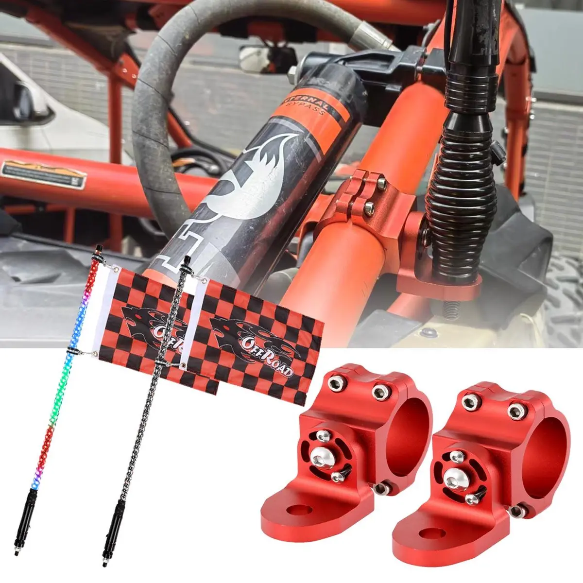 3Ft/4Ft Led Rgb Whip Lights With Bluetooth/ Remote Controlled & Red Universal Flagpole Light Mount  For All Utvs With 1.75" To 2" Roll Cage 1