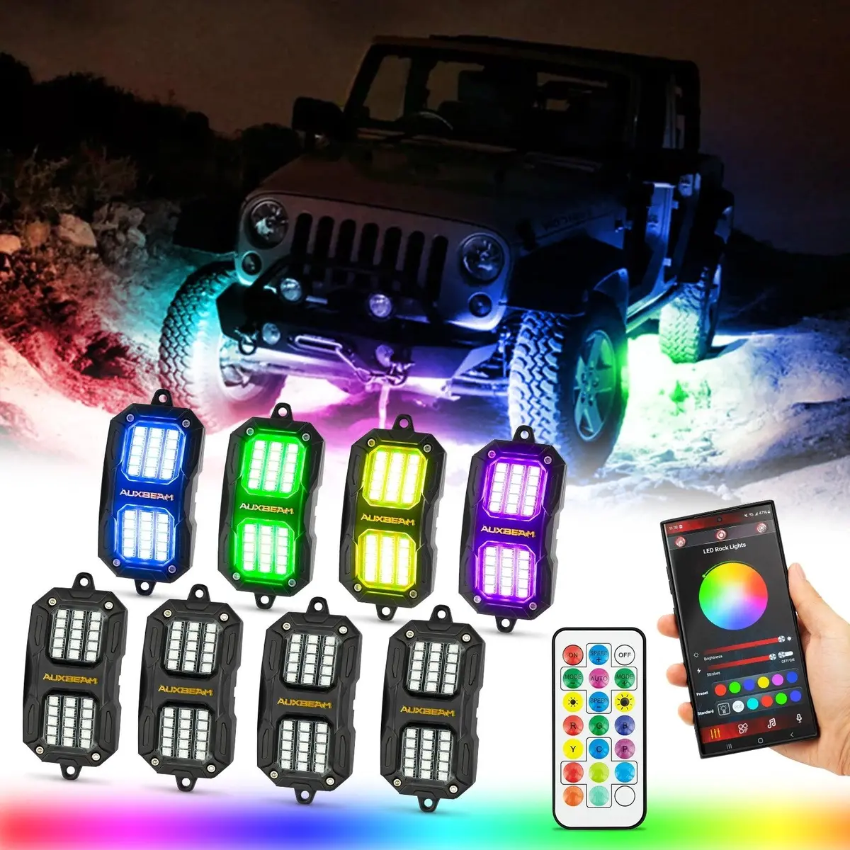 New Vibrant Series | 8Pcs Rgb Led Rock Lights Kit Multicolor Neon Underglow Lights With Bluetooth App & Remote Control 1
