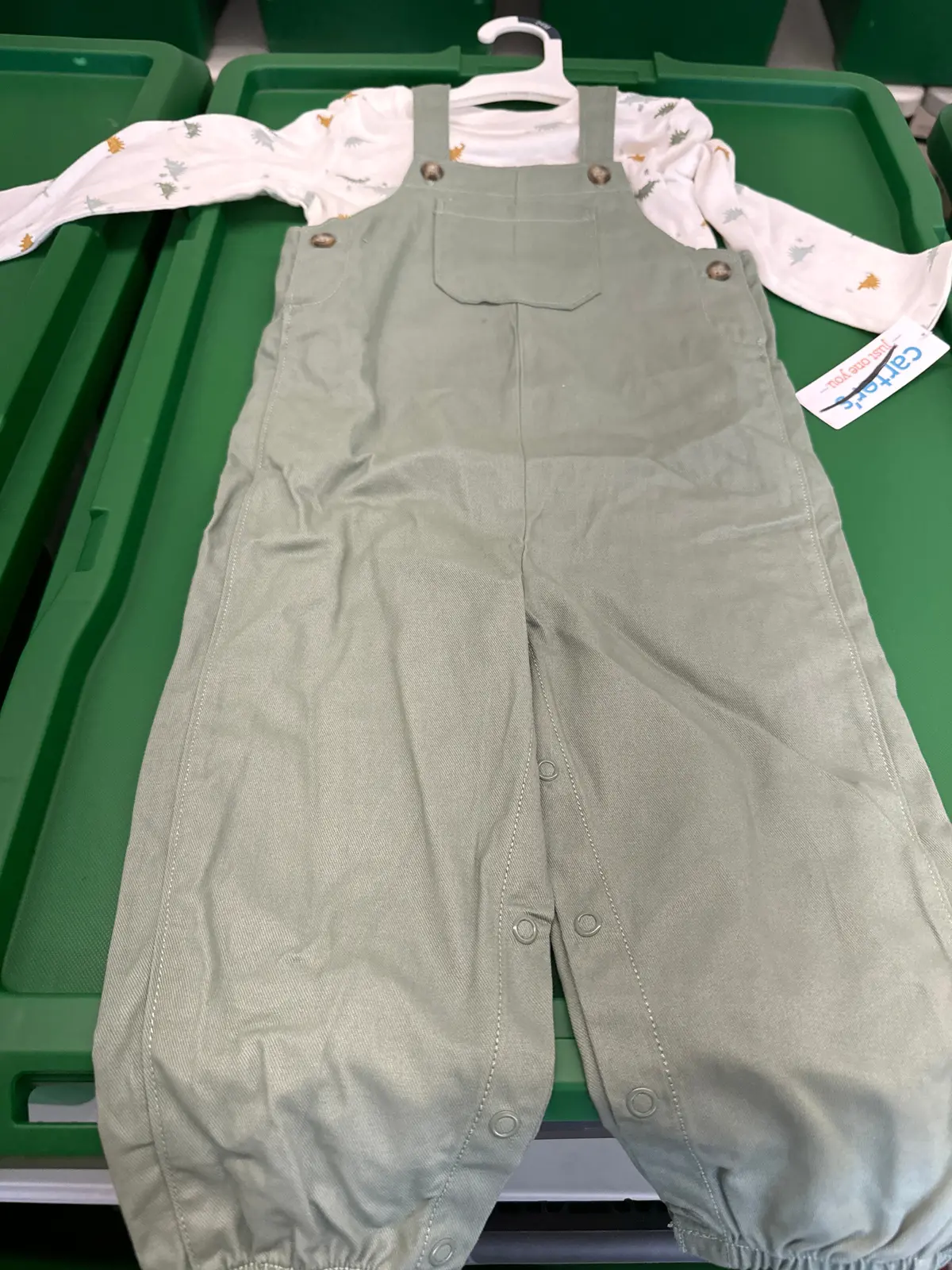 Kids Green Overalls W/ White Dinosaur Long Sleeve Set - 24M 1