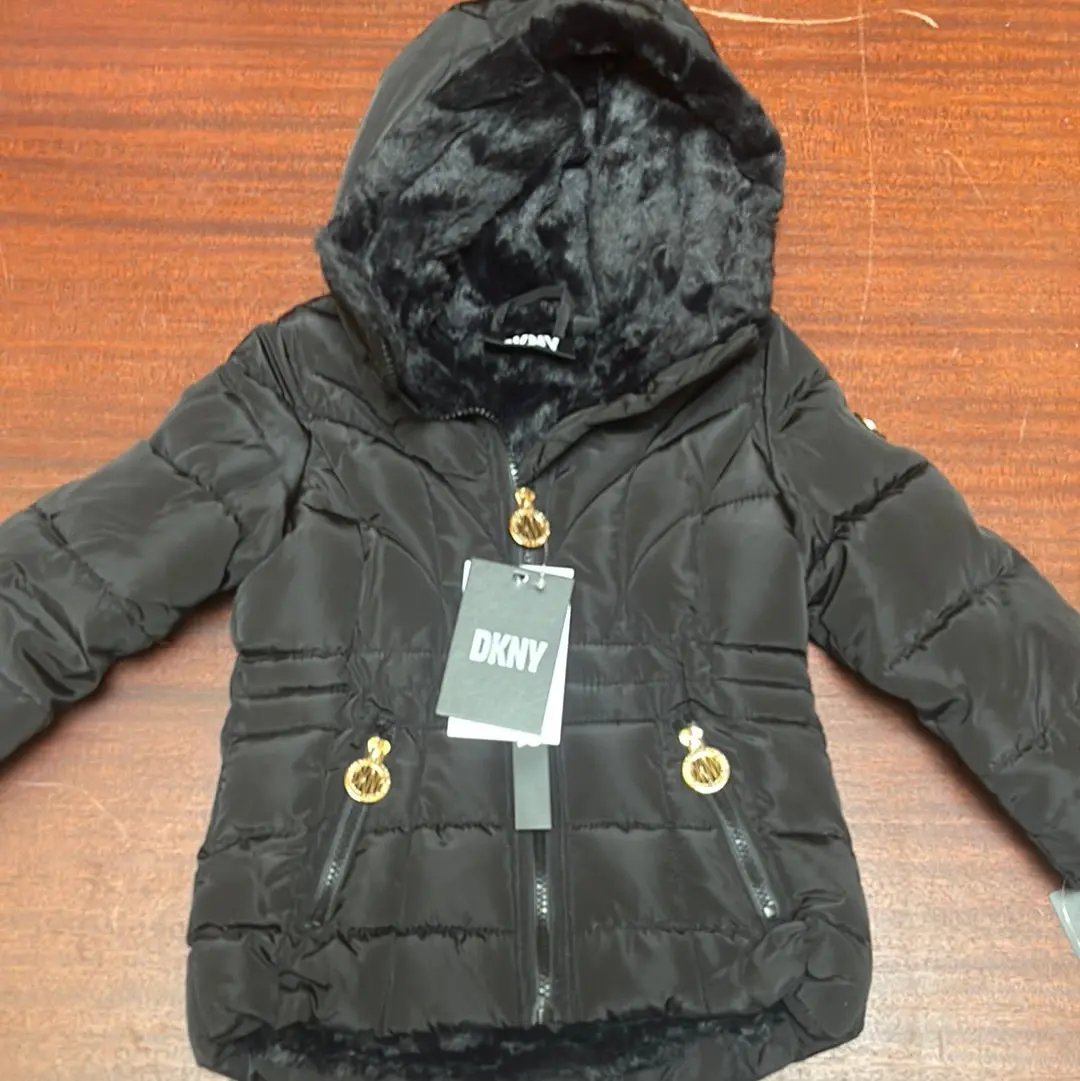 Dkny Kids Outerwear Hooded Jacket Faux Fur - Black 1