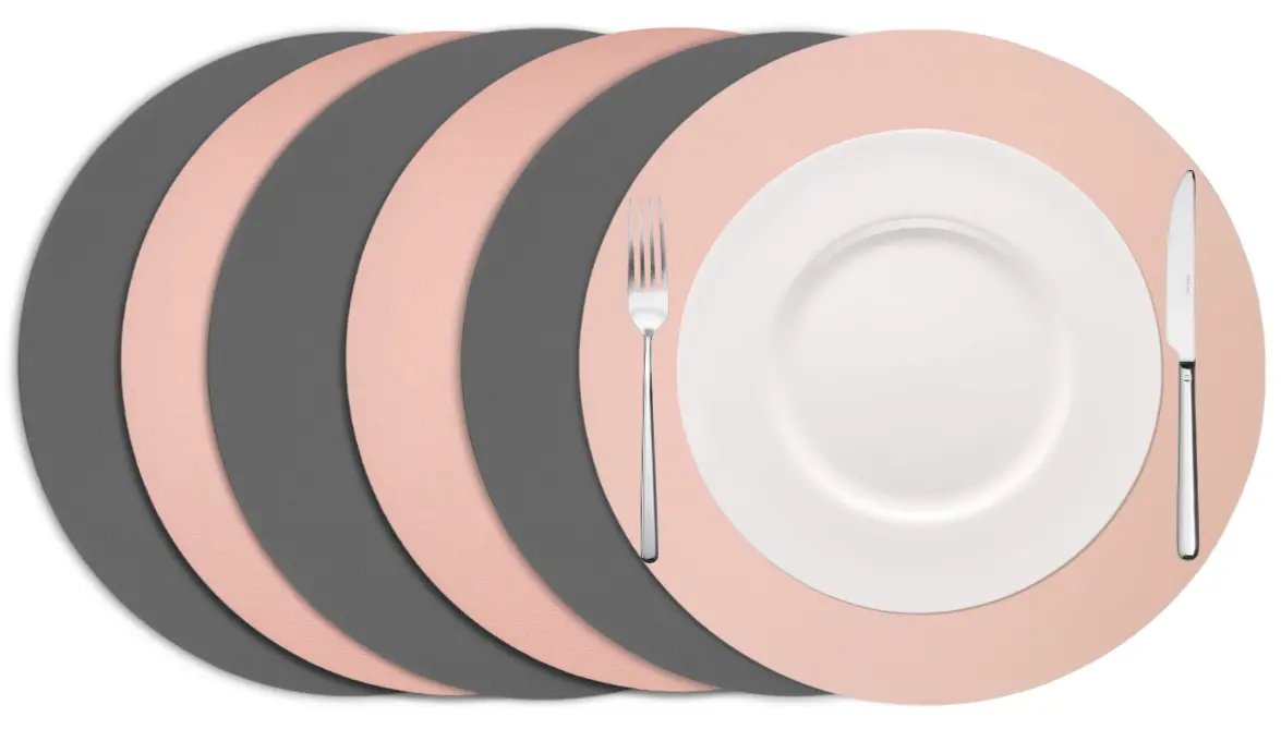 Cookinglife Placemats - Dubbelzijdig - Vegan Leer - Grijs / Roze Ø 38 Cm - 6 Stuks 1