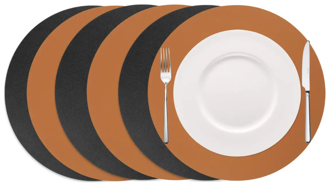 Cookinglife Placemats - Dubbelzijdig - Vegan Leer - Cognac / Zwart Ø 38 Cm - 6 Stuks 1