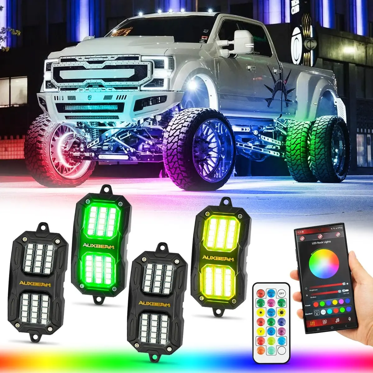 New Vibrant Series | 4Pcs Rgb Led Rock Lights Kit Multicolor Neon Underglow Lights With Bluetooth App & Remote Control 1