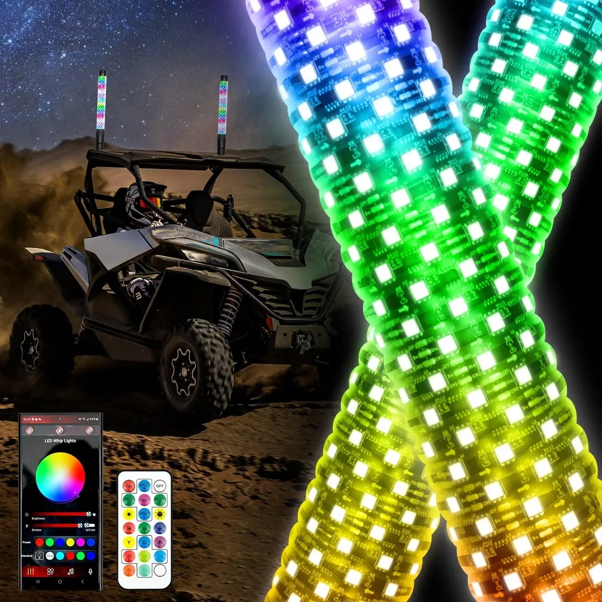 New 1.9Ft Led Rgb Whip Lights With Turn Signal & Brake Light, Bluetooth App/ Remote Control 1
