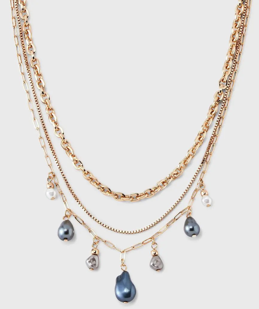 Chain Pearl Multi Strand Necklace - 3Pc Gold/Gray 1