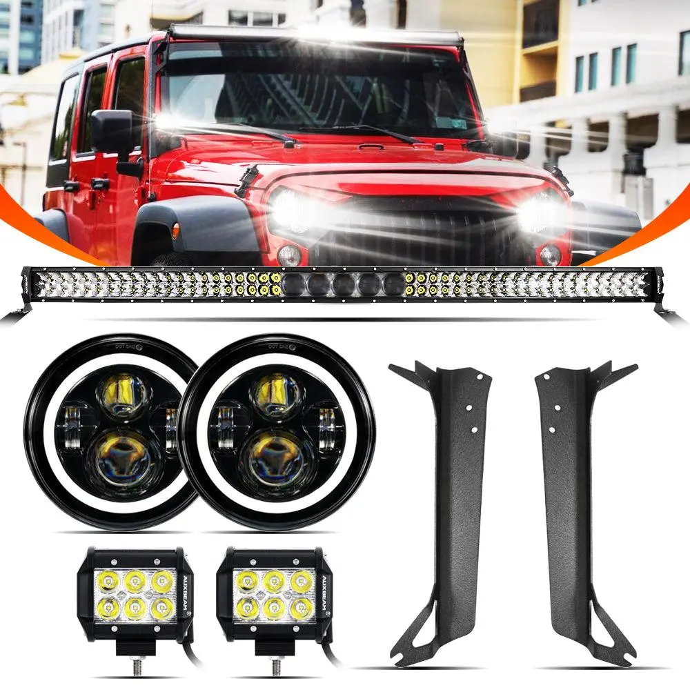 7" Led Halo Headlights+5D-Pro 52" Straight Led Light Bar+Windshield Mounting Brackets 18W Pod Lights Set For Jeep Wrangler Tj 1