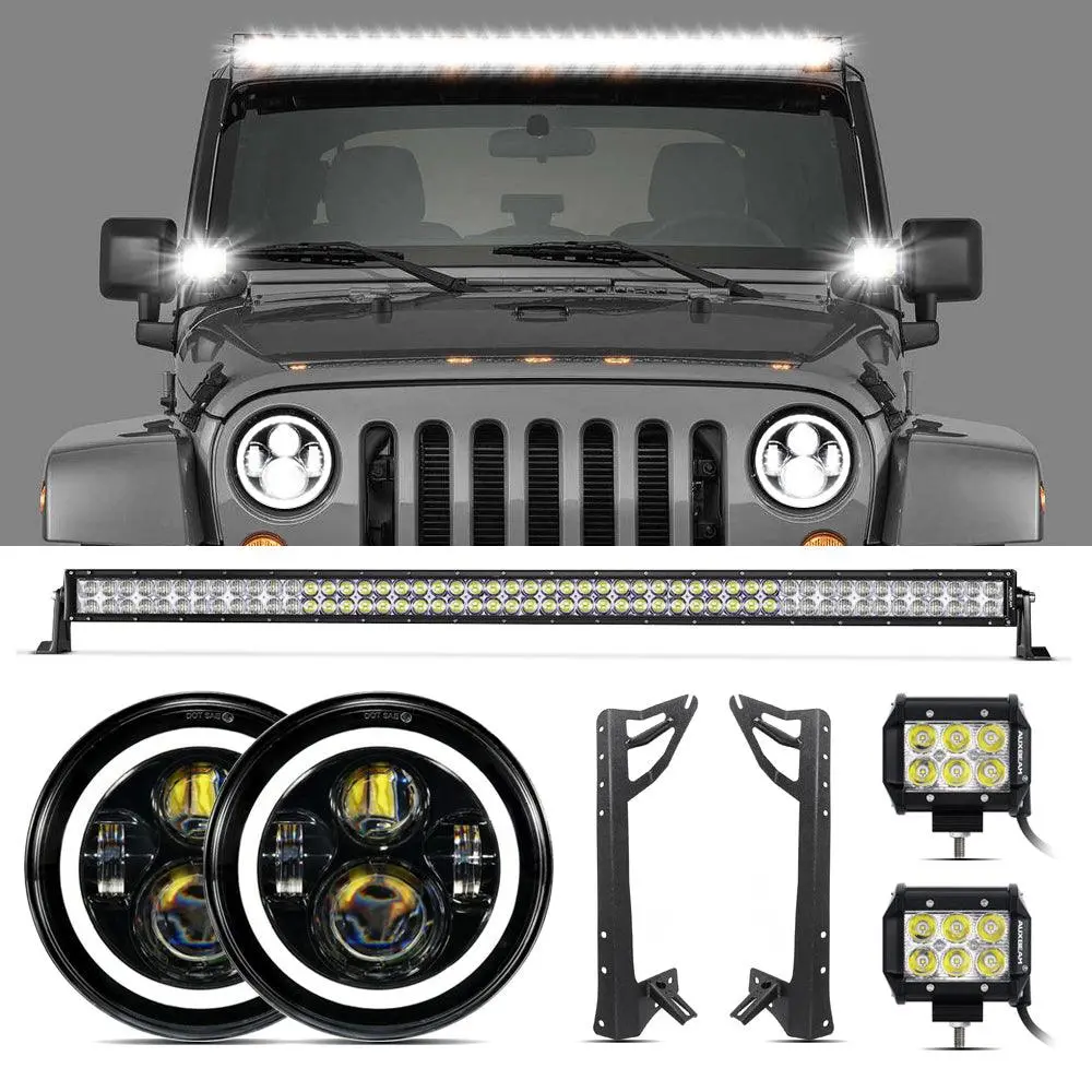 07-17 Jeep Jk - Mega Bundle, 7" Led Halo Headlights,52" 300W Straight Led Light Bar&Windshield Mounting Brackets, 18W Pods Light 1