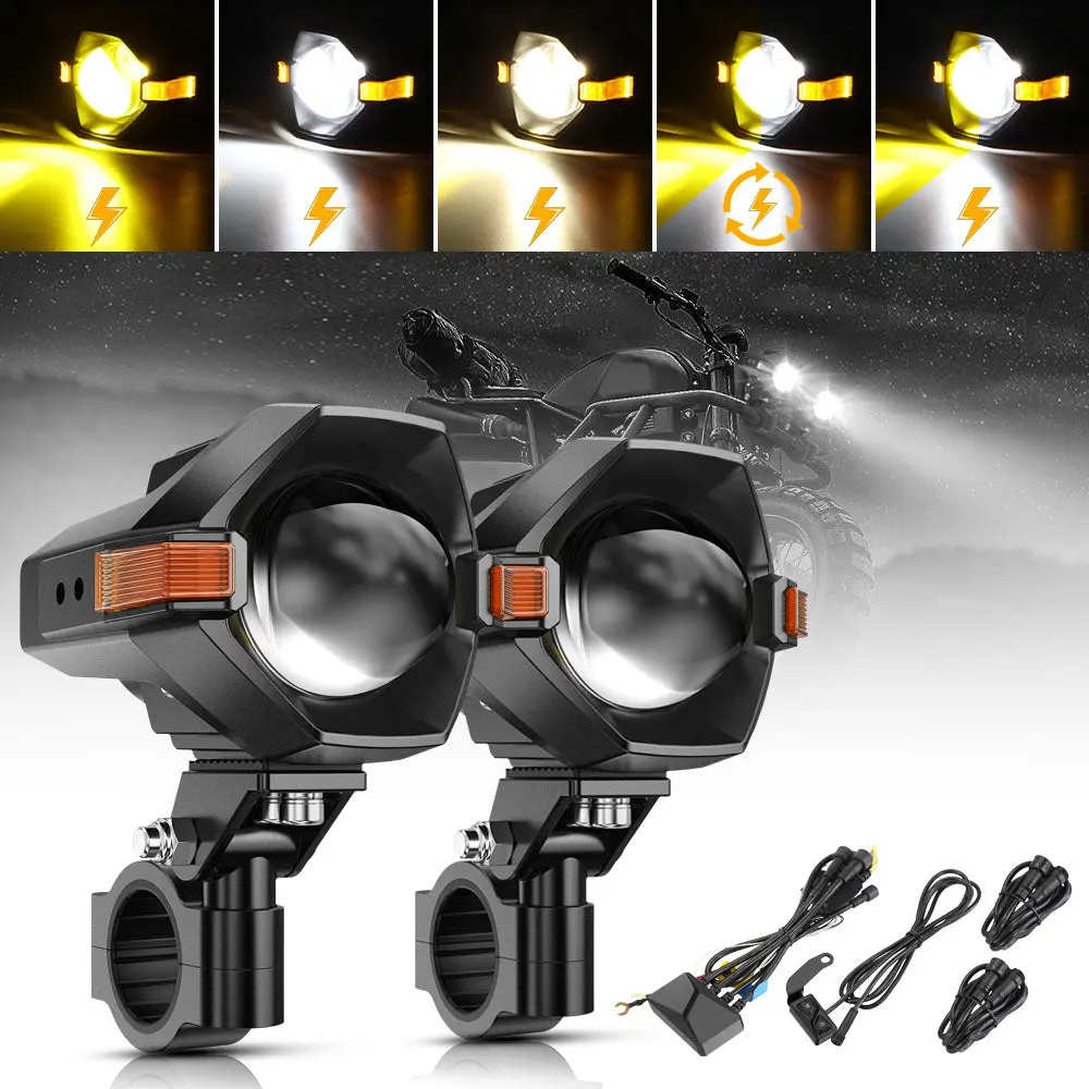 🆕3 Inch Motorcycle Led Spotlight Bi-Led Projector Lens Headlight 120W Dual Color Switchback Led Work Light 3+5 Light Modes For Motorcycle Suv Atv Trucks | 2Pcs/Set 1